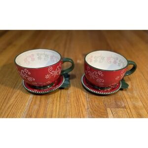 Set of 2‎ Temp-Tations FLORAL LACE RedGreen Ornament Plates& Hot Choc tea soup